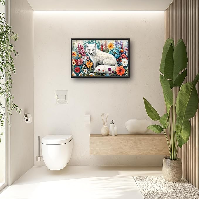 Framed Large Pictures Wall Art for Living Room, White Fox Oversized Wall Decor Animal Floral Canvas Print Painting Modern Extra Large Framed Artwork for Bedroom Office 36"x24"