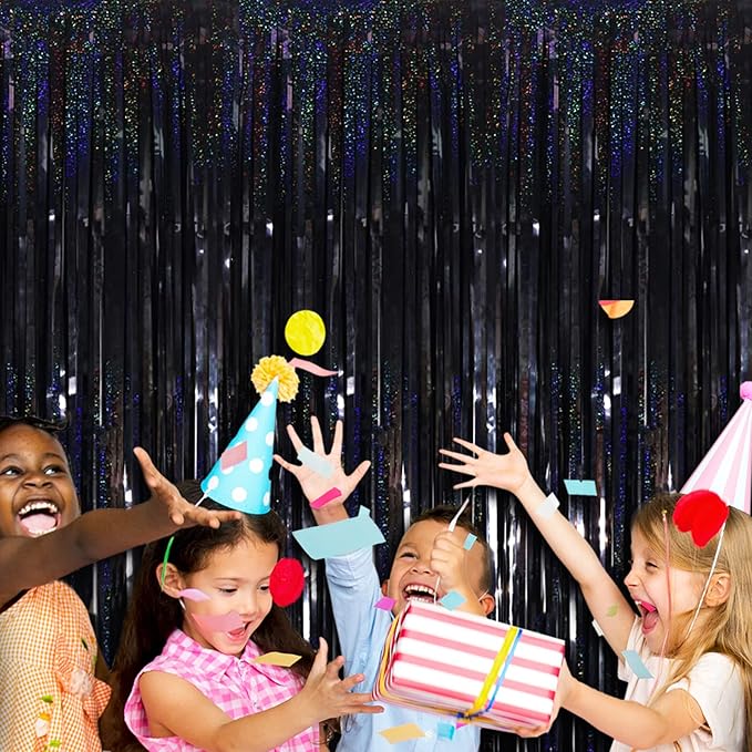 4 Pack Black Tinsel Foil Fringe Curtain Backdrop, 3.28Ft x 8.2Ft Metallic Streamers for Photo Booth Props Wedding Bridal Shower Bachelorette Birthday Halloween Christmas Party Decoration