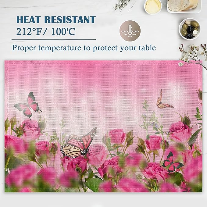 Spring Pink Rose Placemats Set of 4, Floral Butterfly Linen Place Mats Heat Resistant Non-Slip Washable Table Mats for Dining Kitchen Party Decor 12"x18"