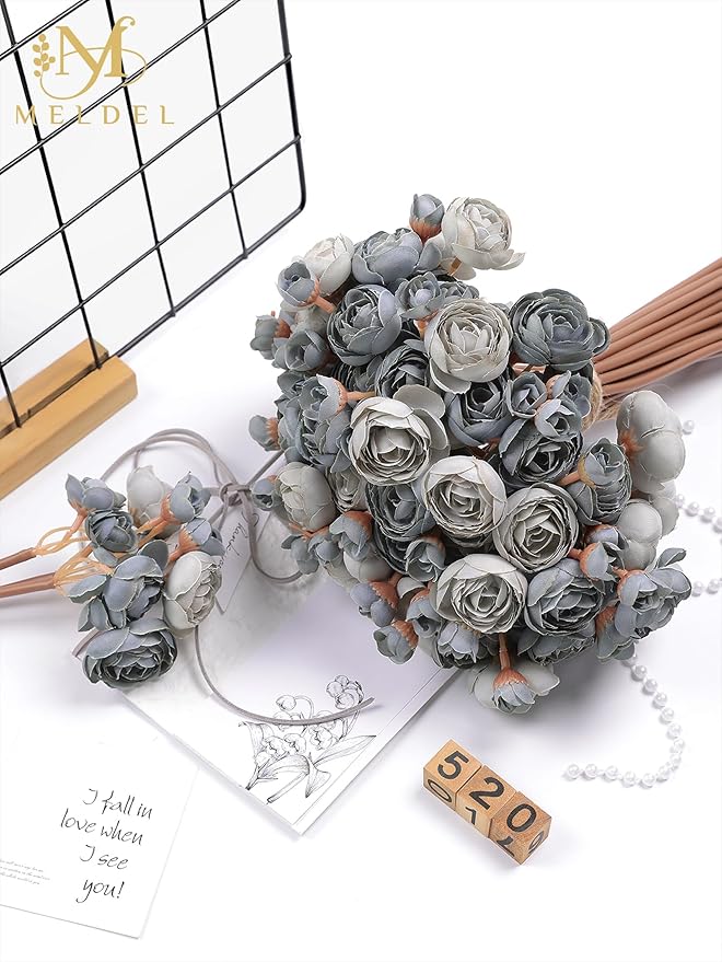 Meldel 32Pcs Ranunculus Artificial Flower, Dusty Blue Mini Rose Faux Ranunculus Flowers for DIY Bouquet, Bulk Fake Peony Wedding Filler Flowers for Centerpieces Arrangements Bridal Shower Decorations