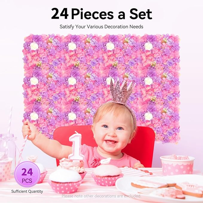 24 Pack Flowers Wall Panels Artificial Floral Wall Mat Handmade 3D Silk Rose Hydrangea Dahlia Floral Panels for Photo Background Home Party Wedding Backdrop Decoration, 24 x 16 inch (24 pcs)