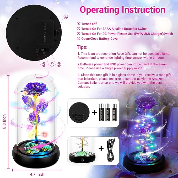 Childom Christmas Rose Gifts for Women,Birthday Gifts for Women Mom Christmas,Flowers for Delivery Prime,Purple Light Up Rose in A Glass Dome,Anniversary Rose Gift for Her Grandma Valentines Day