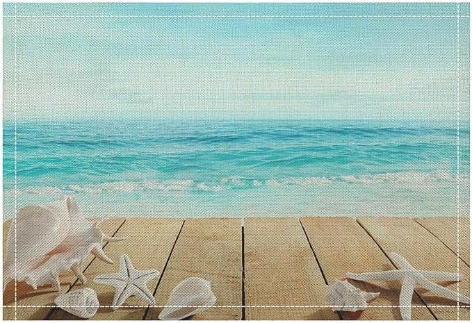 Beach Placemats Set of 4 Summer Nautical Coastal Seashell Art Printed Dining Table Mats for Restaurant Home Kitchen Holiday Decor 12x18in