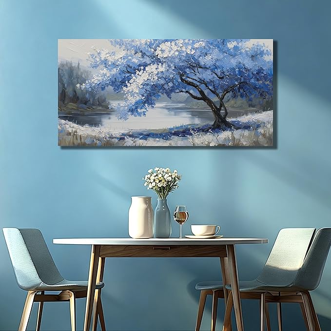 JuhaiArt Scenery Picture Wall Decorations Large Tree Wall Art Blue Canvas Wall Art for Living Room Bedroom Office White Poster 29"x 59"