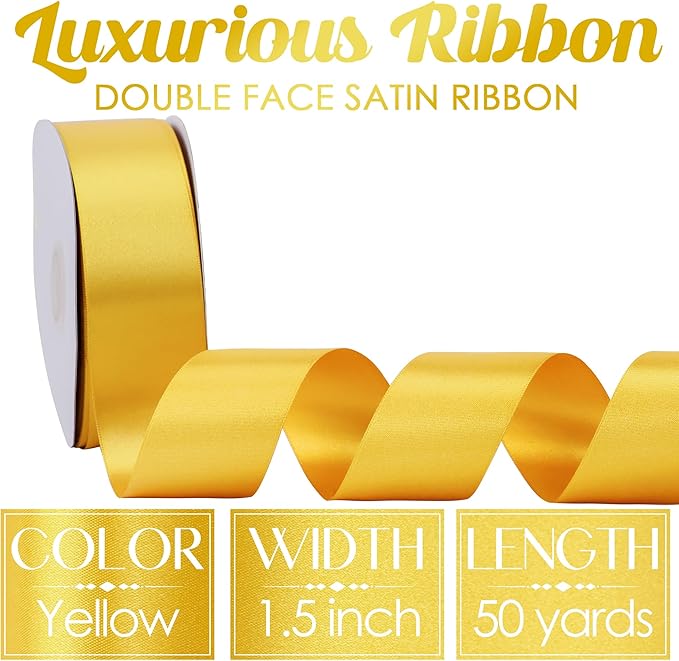 MEEDEE Satin Ribbon - 1.5 inch Yellow Double Faced Satin Ribbon, 50 Yards for Christmas, Thanksgiving, Weddings, Crafts, Flower Bouquets