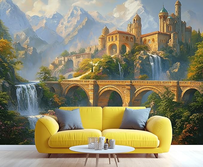 Fantasy Castle Wall Mural, Magical Waterfall Landscape 3D Wall Murals, Royal Palace Wallpaper Mural, for Living Room Bedroom Large Wallpaper Indoor Decor 157.5" W x110.3 H