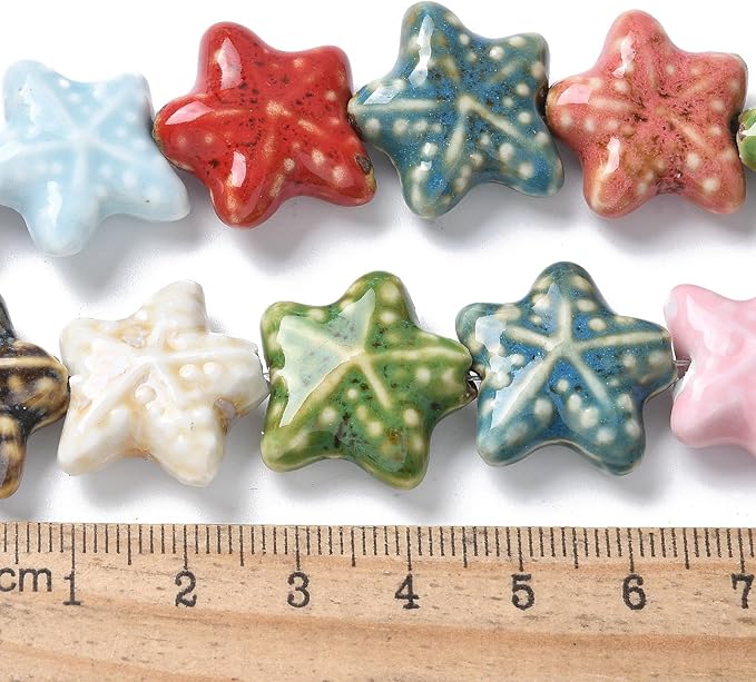 Beadthoven 20pcs Starfish Handmade Porcelain Beads Colorful Printed Ceramic Beads Ocean Sea Star Fish Charm Craft Spacers for Bracelets Necklace Keychain DIY Jewelry Making 20mm Mixed Colors