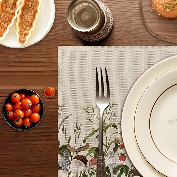 Mushroom Plants Placemats Set of 6,Washable Heat Resistant 12×18 Inch Linen Table Mats Fall Place Mats for Party Outdoor Dining Décor
