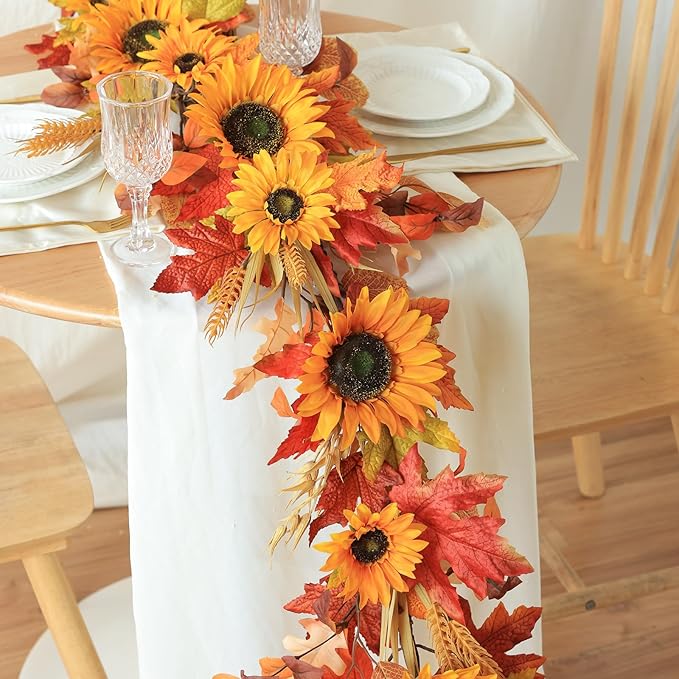 Mizii Artificial Sunflower Garland 6FT Fake Silk Sunflowers Flower Garland Autumn Hanging Vines Decorations for Kitchen Table Centerpieces Room Wall Party Wedding Birthday Fall Decor (Orange)