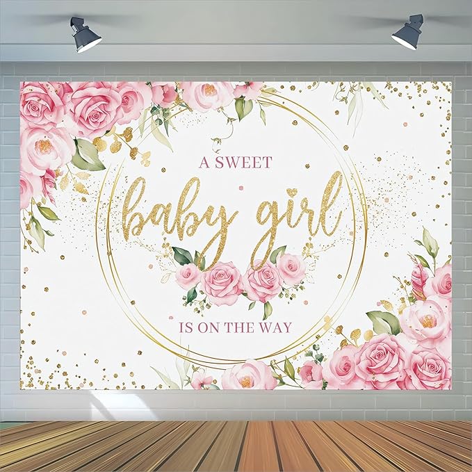 Pink Floral Girl Baby Shower Backdrop 10x8ft A Sweet Baby Girl is on The Way Backdrop for Gender Reveal Party Decoration It's a Girl Banner Photo Booth Props
