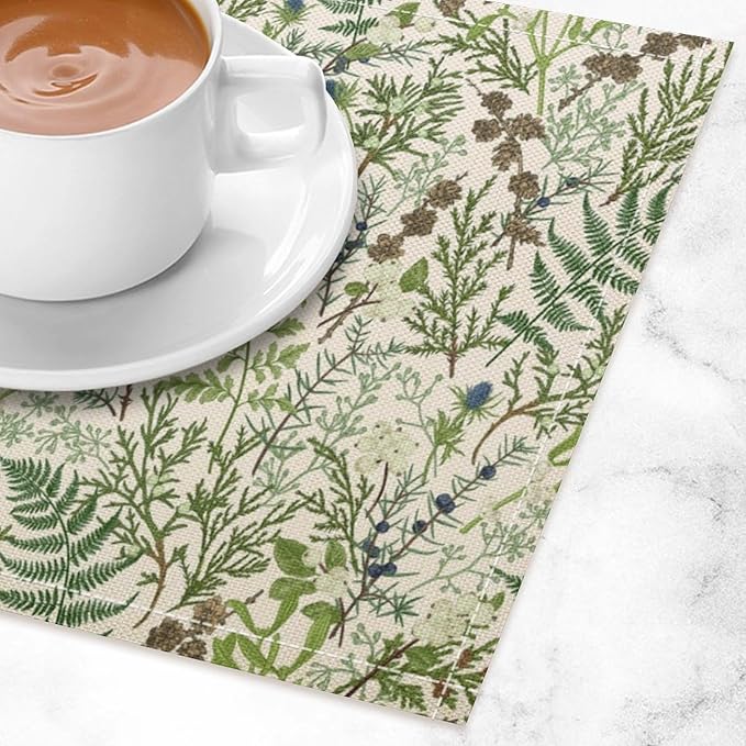 Retro Botanical Placemats Set of 8, 17x12 Inch Rustic Farmhouse Green Leaves Vintage Plants Aesthetic Table Mats for Home Party Kitchen Dining Decor
