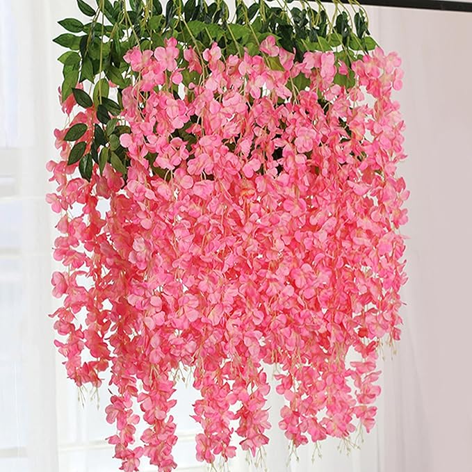 12 Pack Dark Pink Wisteria Hanging Flowers Garland, 3.77 Feet Artificial Flower Vines, Fake Wisteria, Artificial Vines Hanging Garland for Backdrop Outdoor Yard Garden Decor