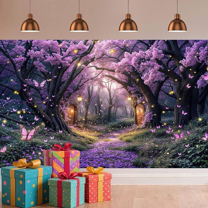 7X5ft Enchanted Forest Backdrop Fairy Tale Purple Wonderland Garden Tree House Floral Butterfly Photography Background for Kids Girl Baby Shower Birthday Party Decoration Banner Booth Props