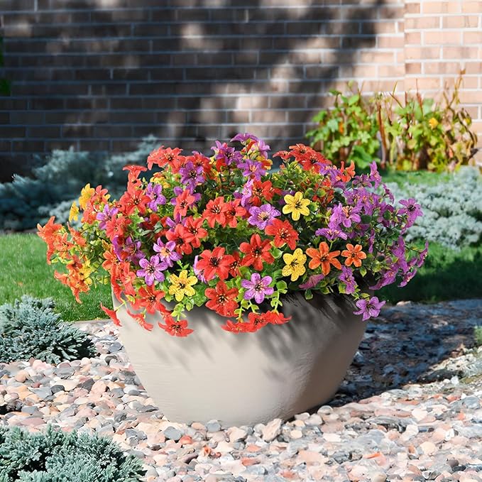 Homsunny Artificial Flowers for Outdoors UV Resistant Spring Home Decoration, 12 Pcs Realistic Fake Plants Faux Silk Flower Daisy with Eucalyptus Stem for Patio Planter Porch Yard Window (4 Colors)