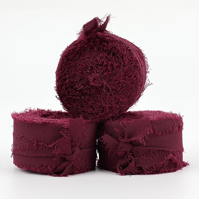 MEEDEE Burgundy Chiffon Ribbon 1 Inch Fringe Ribbons Dark Red Chiffon Silk Frayed Burgundy Ribbon Thin Chiffon Ribbons for Crafts, Gift Wrapping, Wedding Invitation (3 Rolls 21 Yards)