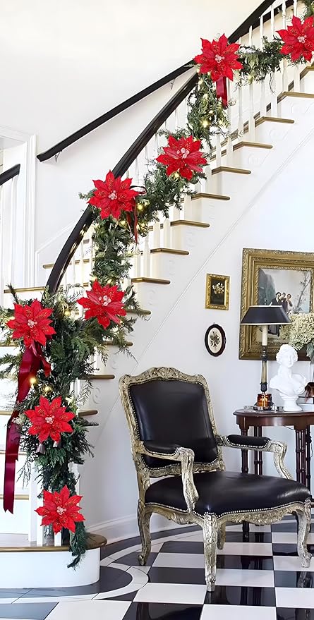 4 Pcs Poinsettia Artificial Christmas Flowers - 11.8" Christmas Flower Picks Large Red Glitter Ornaments Silk Floral Stems with Clips for Xmas Tree Decoration Wreath Garland Fireplace Stairs Decor