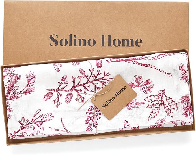 Solino Home 100% Pure Linen Christmas Table Runner 120 Inches Long - Red/White Table Runner 14 x 120 Inch - Handcrafted and Machine Washable - Winter Forest Print