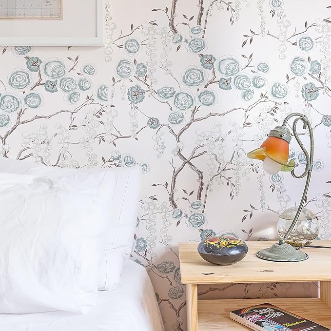 Orainege Blue Peony Floral Wallpaper Peel and Stick Wallpaper Floral Contact Paper Self Adhesive Removable Wall Paper for Bedroom Bathroom Decorative 17.7"x118.1"