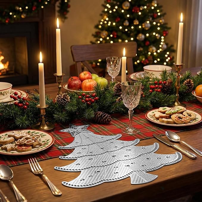 Lot of 6 Christmas Placemats, Placemats Decorations Table Mats Hollow Out Vinyl Place Mats for Dining Table Setting Kitchen Table Mats Christmas Decoration (Silver Christmas Tree)