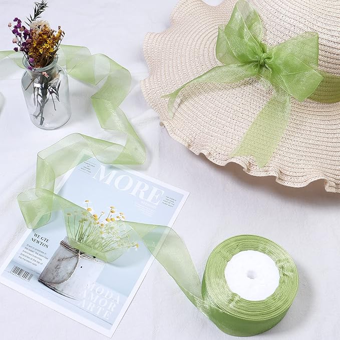 1.5 inch Sheer Organza Ribbon Sage Green Chiffon Ribbon for Gift Wrapping Christmas Halloween Decoration Wedding Flower Bouquet Crafts 50 Yards