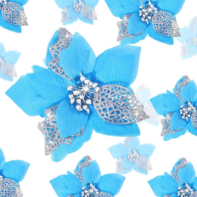 Boao 24 Pieces Christmas Artificial Glitter Poinsettia Flowers Xmas Flowers Wedding Christmas Tree New Year Ornaments(Lake Blue)