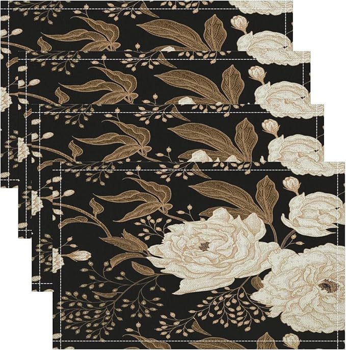 Black Gold Floral Placemats Set of 8, 17x12 Inch Abstract Vintage Rustic Flower Botanical Aesthetic Art Print Table Mats for Home Party Kitchen Dining Decor
