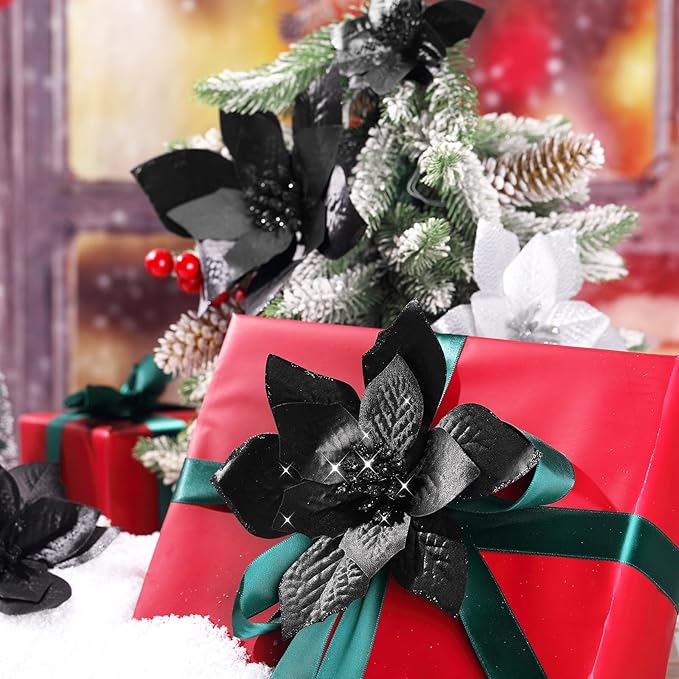 WILLBOND 24 Pcs 3 Size Poinsettia Flower Artificial Christmas Decor Glitter Poinsettia Christmas Ornaments Faux Flowers for Xmas Tree Outdoor(4/6/7.9 Inches,Black)