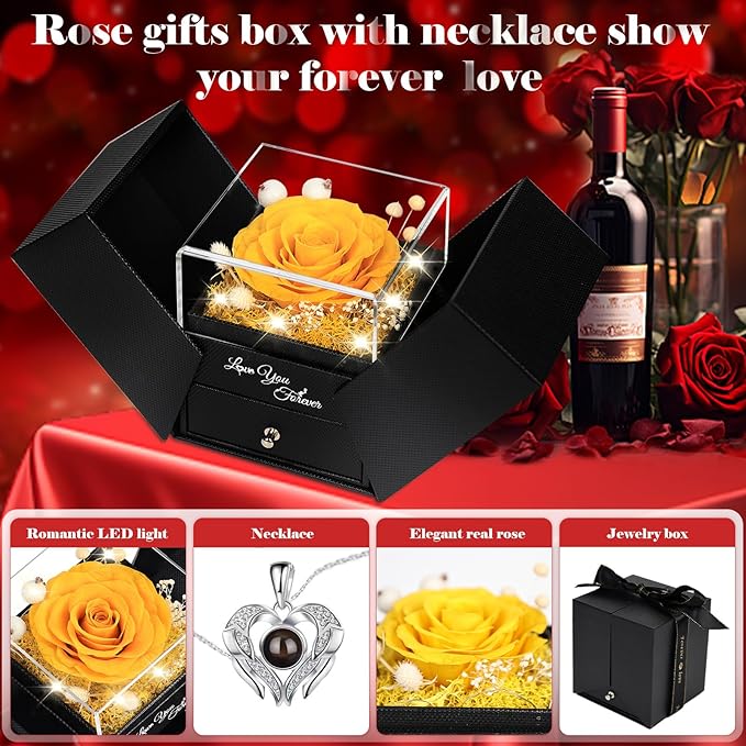 FIACO Gifts for Women Preserved Real Roses with I Love You Necklace Fresh Forever Flowers Birthday Gifts for Mom Grandma Wife Girlfriend on Anniversary Christmas Valentines Romantic Gift