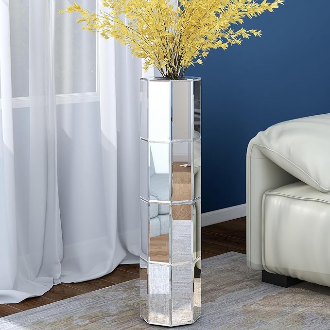 Mirror Floor Vase 28 inch High, Silver Decorative Glass Tall Vases for Decor Living Room Large Big Cylinder Standing Vase for Bedroom Home Corner Indoor Office