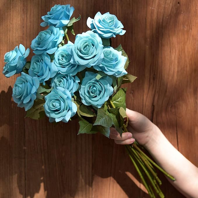 FiveSeasonStuff Silk Roses Artificial Flowers for Decoration, Home Decor Centerpiece for Tables, Wedding Bridal Bouquet of Flowers Real Touch Roses 12 Stems (Turquoise)