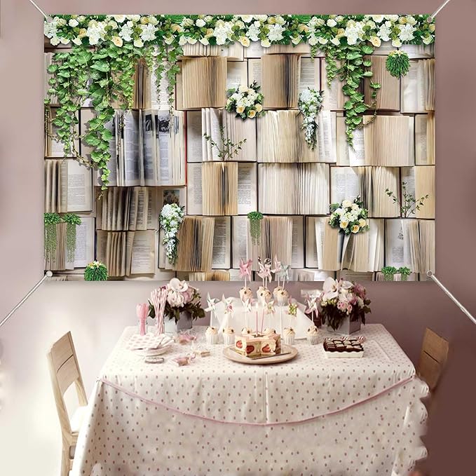 6x4ft Book Photo Backdrops Books Pages Green Leaves White Flowers Background Wedding Birthday Party Princess Photo Studio Props KUHBDJ165