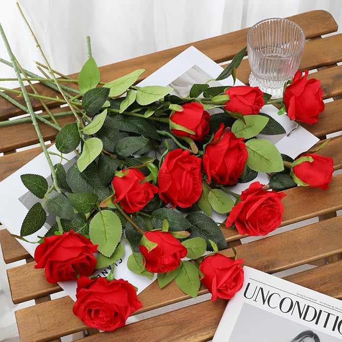 Tifuly Red Roses Artificial Flowers - 12 pcs Realistic Long Stem Fake Roses Mashup Style Silk Flowers for Valentine's Day DIY Bouquets Wedding Centerpieces Arrangements Home Party Decor