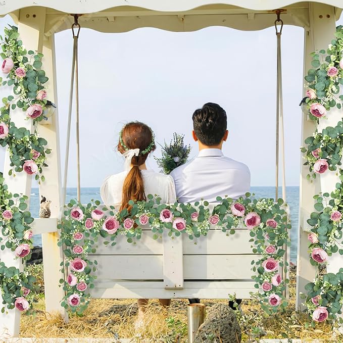 SOMYTING 2 Pack 13FT Flower Garland, Artificial Rose Vine Fake Flower Garland Silk Rose Peony Hanging Vine Faux Floral Garlands for Wedding Party Arch Table Wall Backdrop Decoration (Vintage Pink)