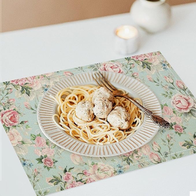 Pink Flowers Placemats Set of 8, 17x12 Inch Rustic Spring Floral Blossom Natural Romantic Table Mats for Home Party Kitchen Dining Decor