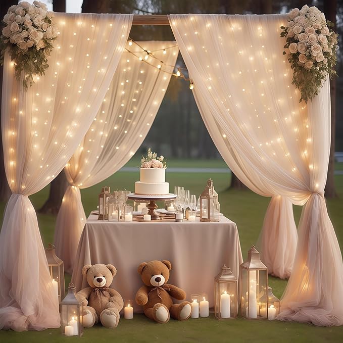 10×10ft Champagne Tulle Backdrop Curtain with Lights String for Parites, Sheer Photo Curtain Backdrop Drapes for Wedding Party Photography Backgrounds