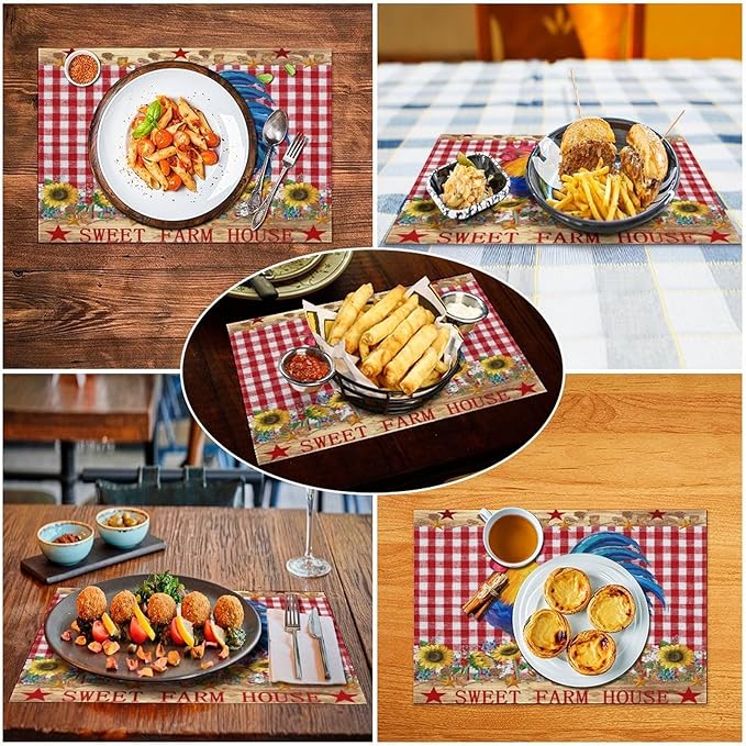 Rooster Placemats,Farm Vintage Rustic Farmhouse Lattice Sunflower Flower Chicken Animal Print Washable Fabric Placemats Table Kitchen Dining Party 12x18 Inch Set of 6