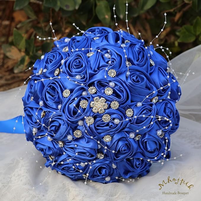 Bridal Wedding Bouquet Round Bling Brooch Bouquet Throw Toss Artificial Rose Flower Bunch for Bride Bridesmaid Wedding Quinceanera(Royal Blue, 8.7")