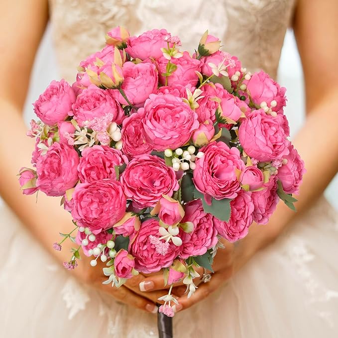 6 Pcs Peonies Artificial Flowers Bulk, Blush Pink Silk Peonies Fake Bouquet for Floral Centerpieces, Red Realistic Faux Peony Flower for Flower Arrangements Wedding Decoration vase