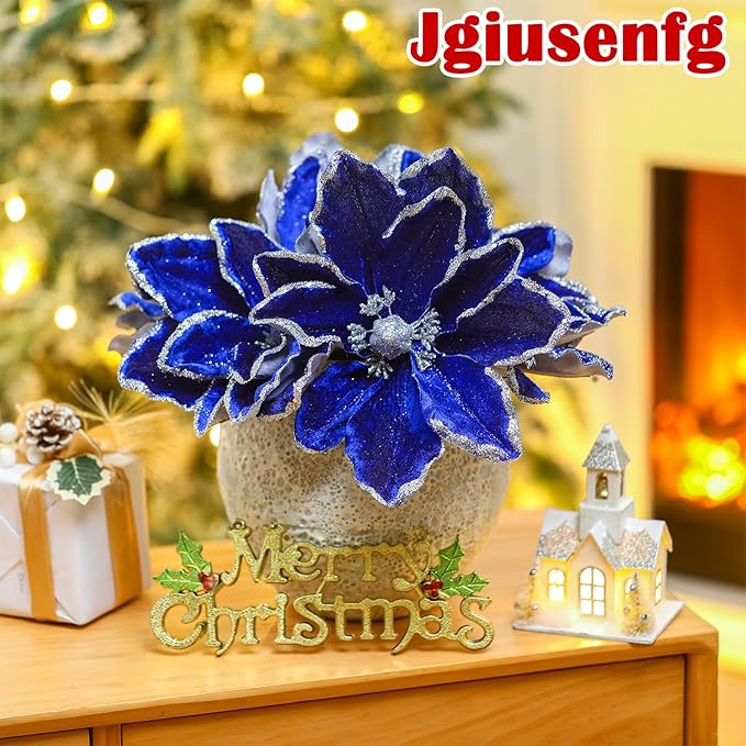 8 Pcs Large Christmas Flower Magnolia Flowers Christmas Tree Decoration Artificial Poinsettia Stems Velvet Xmas Ornaments for Xmas Tree Table Decor(Blue,12 Inch)