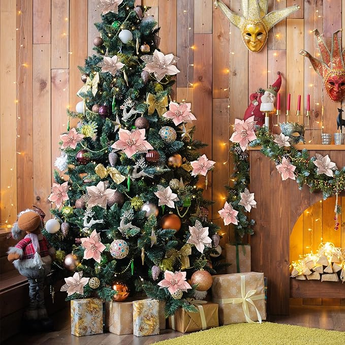 Boao 24 Pieces Christmas Artificial Glitter Poinsettia Flowers Xmas Flowers Wedding Christmas Tree New Year Ornaments(Champagne and Rose Gold)
