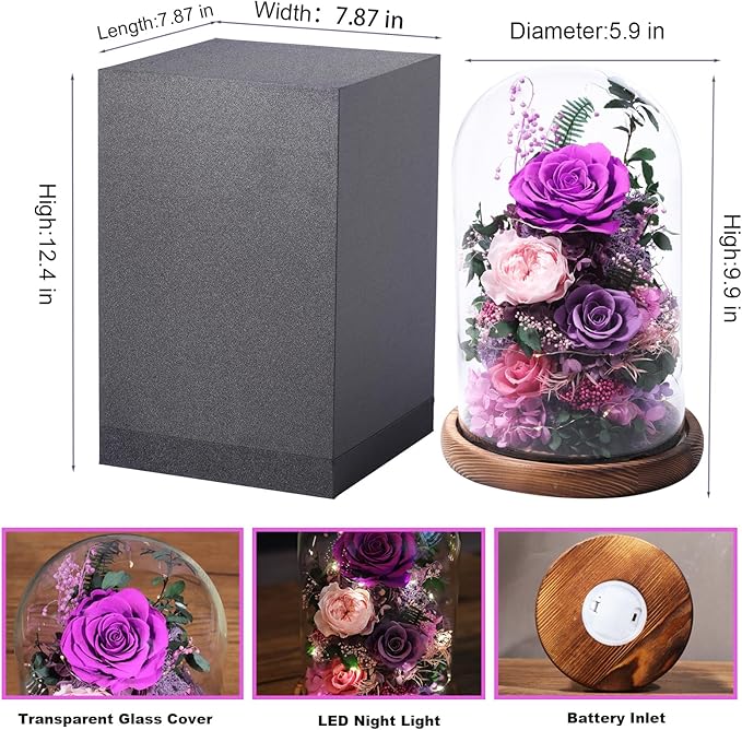 Flowers for Delivery Preserved Flowers Rose in Glass Dome,Purple Rose Forever Flowers Birthday Gifts for Women Mom Grandma Friend Gifts for Her,Home Decor