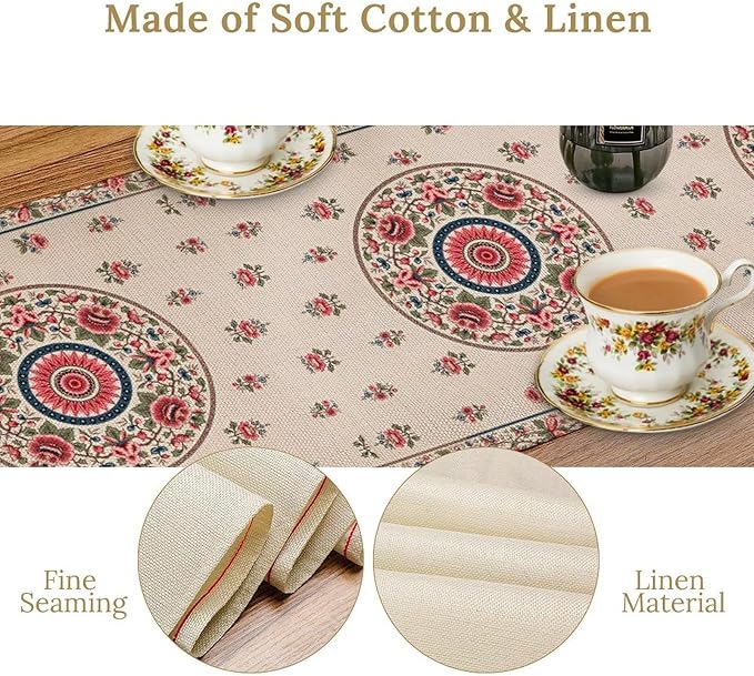 Bohemian Floral Table Runner, Vintage Ethnic Mandala Pink Flowers Boho Design Table Runner for Kitchen Dining Party Wedding, 13x60 Inch