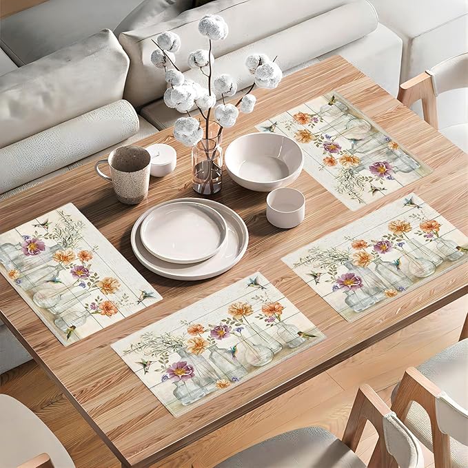 Floral Placemats Set of 6 Flower Hummingbird Table Mats Washable Place Mats for Home Party Indoor Kitchen Dining Table Decoration 12x18 Inch