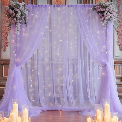 10ft x 10ft Purple Backdrop Curtain with Lights String for Parties, Sheer Tulle Wedding Photo Backdrops Drapes for Baby Shower Birthday Party Decorations Background for Photography
