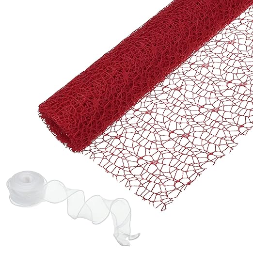 PATIKIL Flower Wrapping Mesh Paper, 15ft Floral Bouquet Craft Packaging Hollow Net Yarn with Ribbon for Flowers Gift Packaging, Red