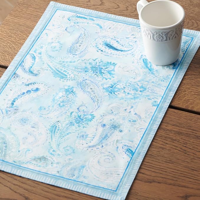 Maison d' Hermine Placemat 100% Combed Cotton Premium Set of 4 Decorative Washable Place Mats Table Cloth Placemat, Dining, Kitchen, Parties & Camping - Paisley Blues (13"x19")