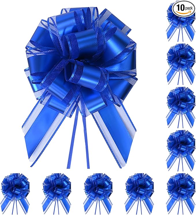 10-Pack Royal Blue Pull Bows for Gift Wrapping - 6 Inch Reusable Ribbon Bows, Large Instant Floral Decor Bows for Wedding, Christmas, Birthday Decor, Gift Basket & Party Decorations