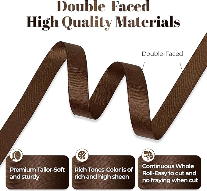 Brown Satin Ribbon, Double Faced 3/8 Inch X 50 Yards Brown Ribbon, Premium Satin Ribbon for Gift Wrapping, Crafts, Hair Bow Making, Sewing, Flower Bouquet, Wedding Party Decor