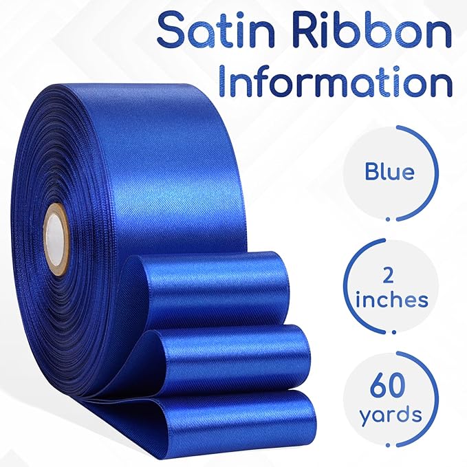 Blue Satin Ribbon 2 Inch 60 Yards, Royal Blue Polyester Fabric Ribbon for Gift Wrapping, Crafts, Flower Bouquet, Hair Accessories, Wedding and Festival Decor