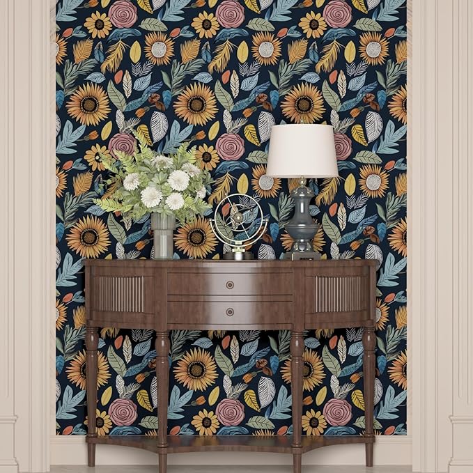 Blue Boho Wallpaper Peel and Stick,Vintage Floral Contact Paper 17.5" x 118", Retro Paisley Flower Botanical Wall Paper Self Adhesive Removable Waterproof for Bathroom Shelves Cabinet Table Decoration